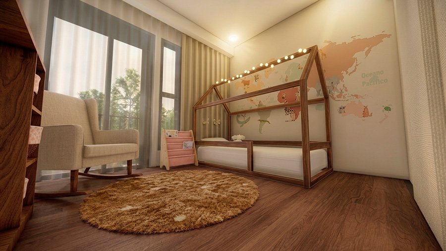 Cuarto de bebé con cuna de madera, mueble cambiador y decoración en tonos suaves, diseño acogedor
