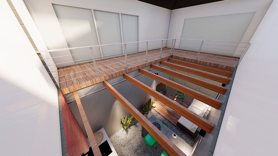 Patio interno moderno con vigas de madera vistas, jardinera con piedra volcánica y balcón superior