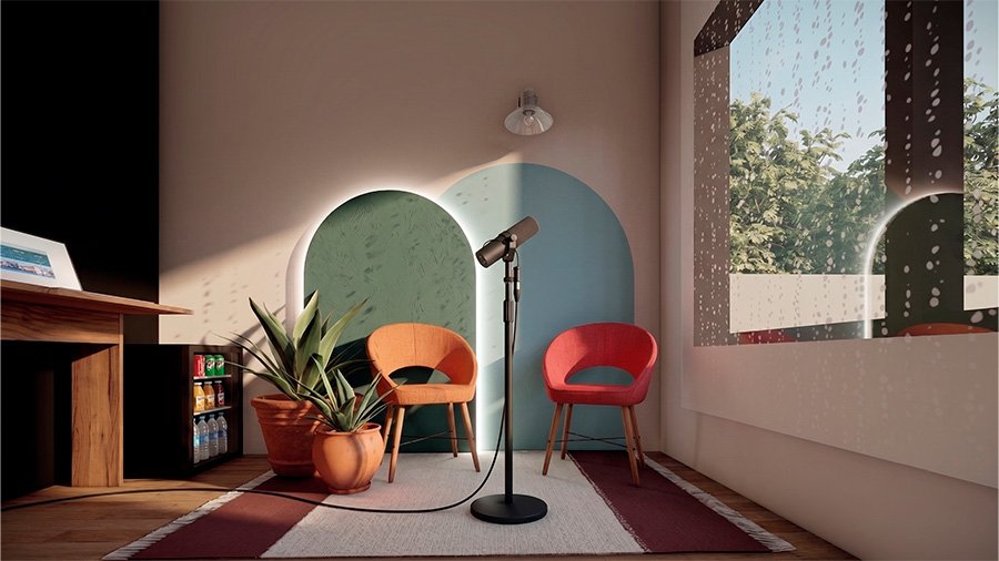 Cuarto para podcast visto desde el jardín a través de ventanal, con escritorio y decoración interior