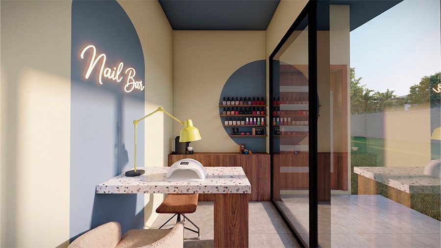 Salón de uñas en casa con mesa de manicura, silla giratoria y estantería de esmaltes, espacio funcional