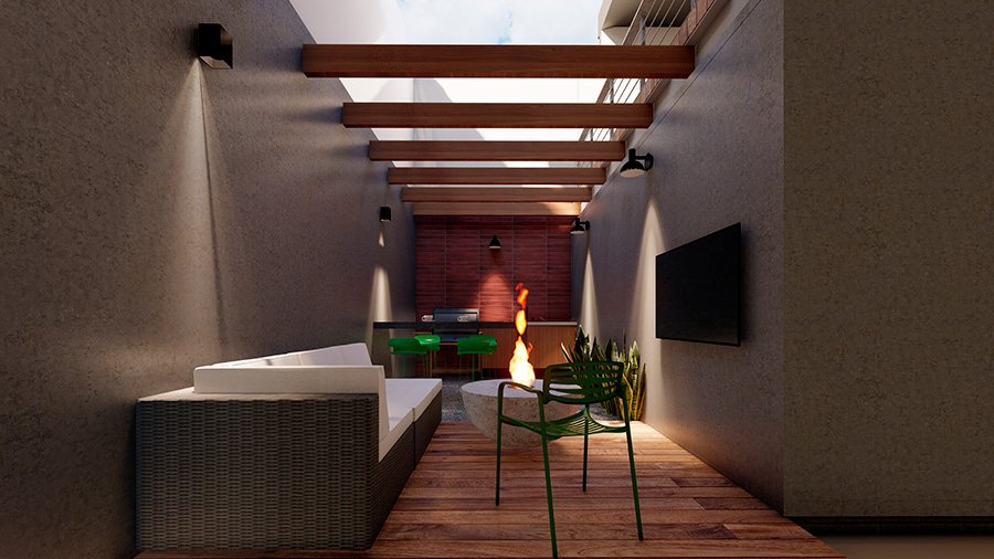 Terraza con mesa de comedor exterior, sillas verdes, parrilla y pared de madera roja