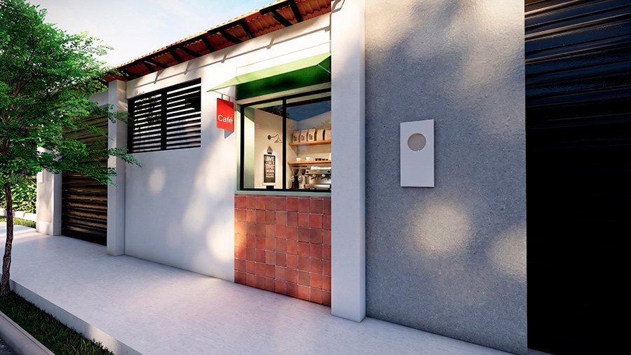 Ventanita de café en fachada de casa con letrero "Café", enchape terracota y toldo verde